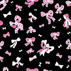 Pink and white bows on black background seamless vector pattern. For surface patterns design, packaging, textile, gift wrapping paper
