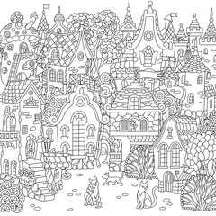 Fairy tale town. City landscape. Fantasy cityscape with vintage houses and cats. Coloring page. Colouring picture. Coloring book. Freehand sketch drawing. Vector illustration.