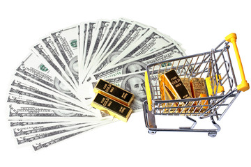 Gold bars in shopping  trolley with yellow mark for supermarket and 2 gold bars on bank note.