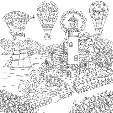 Lighthouse. Sailing ship. Dirigible. Hot air balloons. Coloring page. Colouring picture. Coloring book. Freehand sketch drawing. Vector illustration.