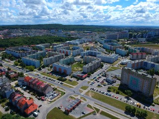 Koszalin medium polish city, block flat houses, high desnsity, roads, aerial view