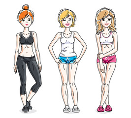 Attractive young women standing in stylish sportswear. Vector people illustrations set. Lifestyle theme fem characters.