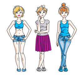 Happy cute young women group standing wearing fashionable casual clothes. Vector set of beautiful people illustrations.