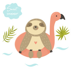 Funny swimming sloth. Summertime design
