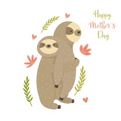 Fototapeta premium Mother sloth bearing her child. Greeting card