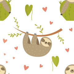 Tropical seamless pattern with sloth and cactus © danceyourlife