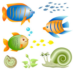Cartoon inhabitants of the sea - funny fish, brooding snail and seaweed