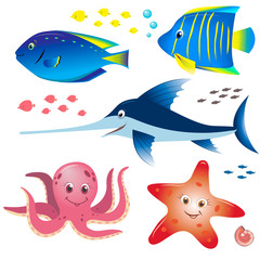 Cartoon inhabitants of the sea - funny fish, octopus, starfish and swordfish 