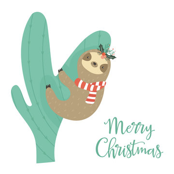 Sloth Climbing The Cactus. Christmas Greeting Card