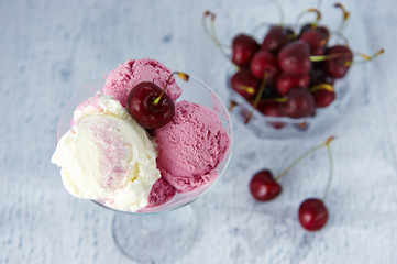creamy and cherry ice cream in a glass bowl with fresh cherries