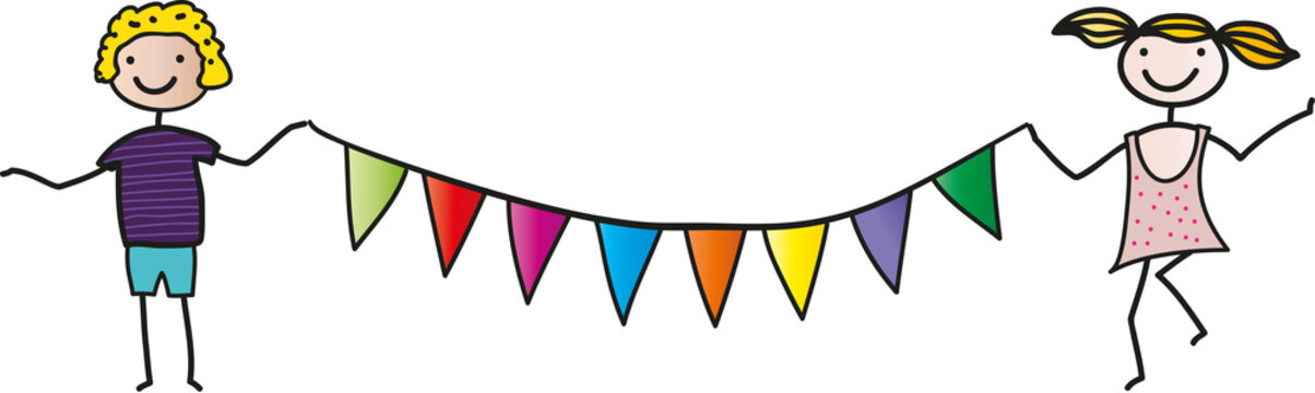  Einladung zum Kindergeburtstag - zwei fröhliche Kinder mit Girlande feiern Geburtstag, Einschulung, Fest, Feier, Kinderfest, Wimpelkette als deko, zwei Kinder mit Abstand