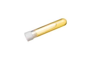 a tube with a stopper and a colored liquid inside isolated on white