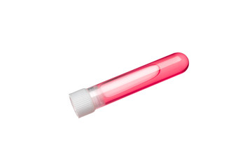 a tube with a stopper and a colored liquid inside isolated on white
