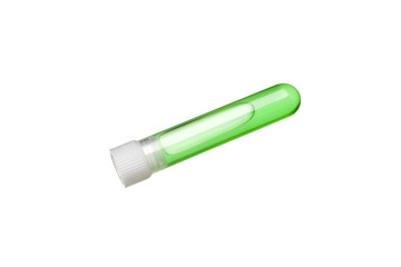a tube with a stopper and a colored liquid inside isolated on white