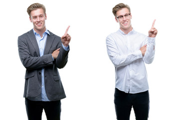 Young handsome blond business man wearing different outfits with a big smile on face, pointing with...