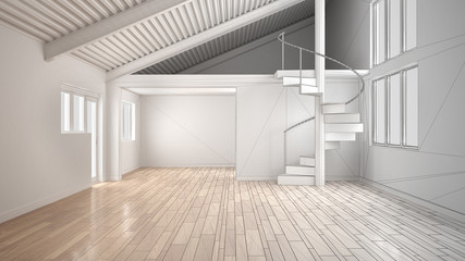 Unfinished project of white modern empty interior, open space with mezzanine and minimalist spiral staircase, concept design background - obrazy, fototapety, plakaty