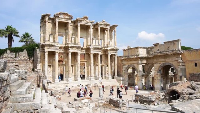 EPHESUS, TURKEY - JUNE 20, 2018 : Celsus library in Ephesus ancient city ruins on cloudy sky. Ephesus famous place for tourists in Izmir for historical place.