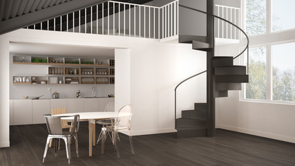 Minimalist white and gray kitchen with mezzanine and modern spiral staircase, loft with bedroom, concept interior design background, architect designer idea