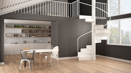 Minimalist white and gray kitchen with mezzanine and modern spiral staircase, loft with bedroom, concept interior design background, architect designer idea - obrazy, fototapety, plakaty
