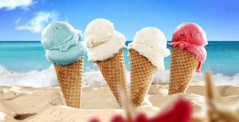Summer photo of icecream and beach background 