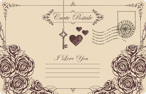 Retro postcard on the theme of declaration of love with roses, key and hearts. Romantic vector card in vintage style with calligraphic inscription I love you and place for text