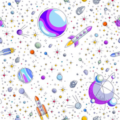 Space seamless background with rockets, planets and stars, undiscovered galaxy cosmic fantastic and interesting textile fabric for children, endless tiling pattern, vector illustration cartoon motif.