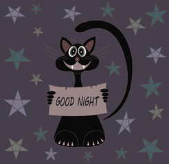 A black cat wishes good night. Cartoon illustration
