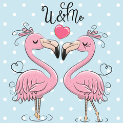 Two Cute Flamingos on a blue background