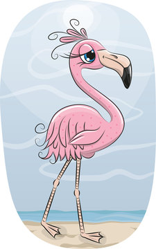 recommend clip art: Cartoon flamingo on a Beach