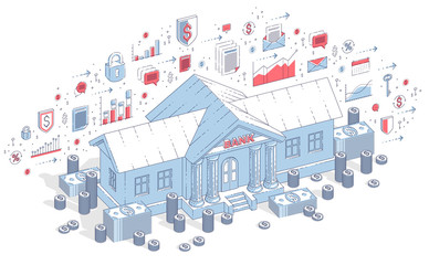 Old cartoon bank building with cash money dollar pile and cent stack cartoon isolated over white background. Isometric vector finance illustration with icons, stats charts and design elements.