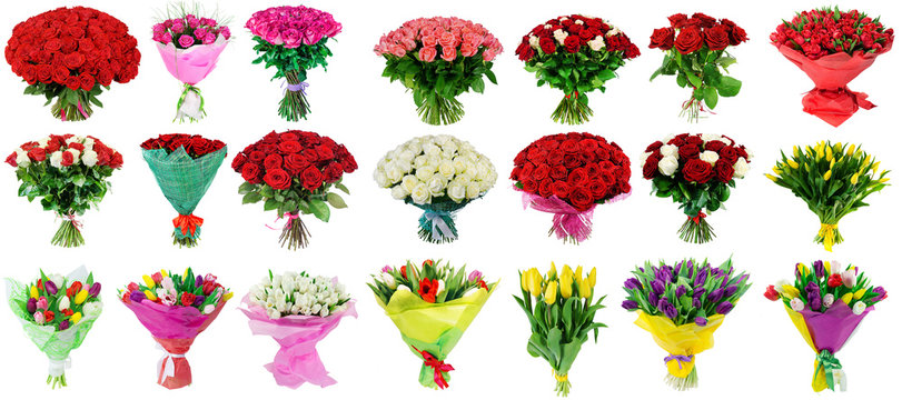 set of bouquets of roses and tulips, a collection of bouquets of
