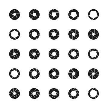 Set of camera lens aperture icons with different position of a diaphragm petals. Photo and video related set of shutter symbols