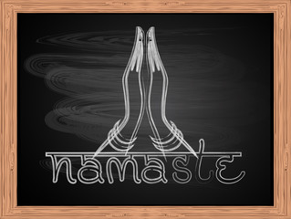 White chalk drawing of praying hands on school blackboard flat design vector illustration. Namaste mudra.