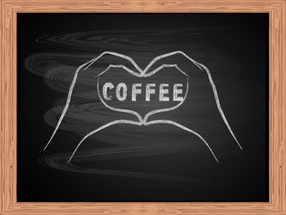 White chalk drawing of hands making a heart shape on school blackboard flat design vector illustration. Love coffee concept.