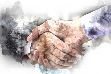 Abstract colorful handshake close up on watercolor illustration painting background.