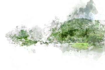 Abstract colorful tree and building in the city on watercolor illustration painting background.