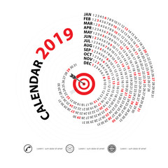 2019 Calendar Template.Spiral calendar.Calendar 2019 Set of 12 Months.Vector design stationery template.Vector Illustration