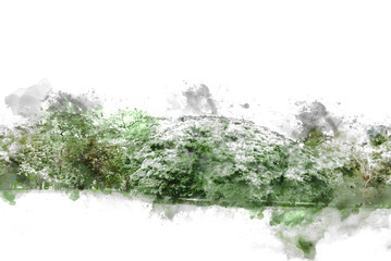 Abstract colorful tree and building in the city on watercolor illustration painting background.