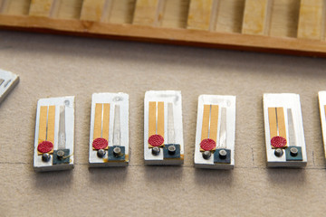 Naklejka premium Juego de lengüetas de una acordeón desmontado en proceso de restauracion y reparacion