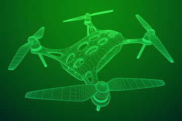 Remote control air drone. Dron flying with action video camera. Wireframe low poly mesh vector illustration