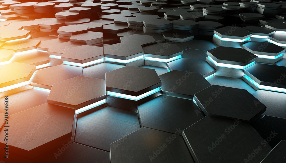 Fototapete black blue and orange hexagons background pattern 3d rendering