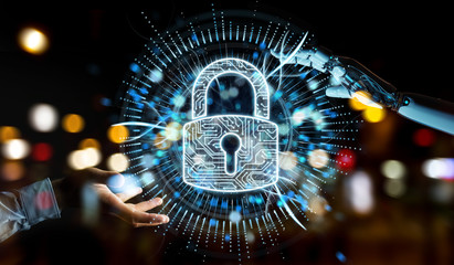 White cyborg hand protecting his datas with digital security hologram 3D rendering