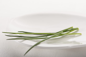 Close up of scapes of the green common herb chives on a white plate against a white background.