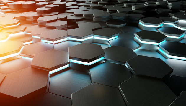 Black blue and orange hexagons background pattern 3D rendering © sdecoret