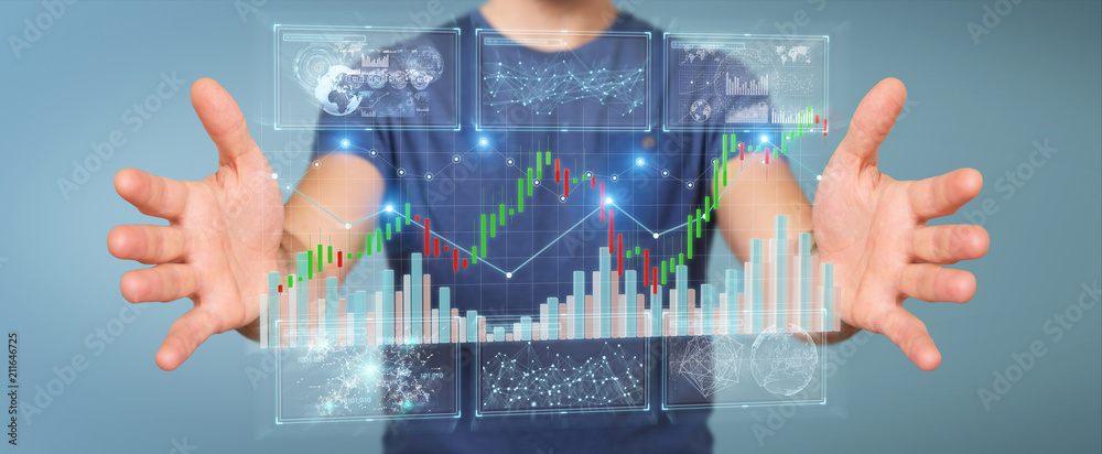 Poster Businessman using 3D rendering stock exchange datas and charts