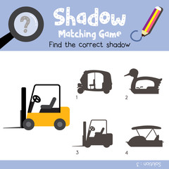 Shadow matching game of Forklift cartoon character side view transportations for preschool kids activity worksheet colorful version. Vector Illustration.