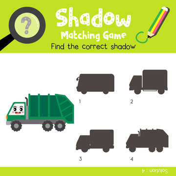 Shadow matching game of Garbage Truck cartoon character side view transportations for preschool kids activity worksheet colorful version. Vector Illustration.