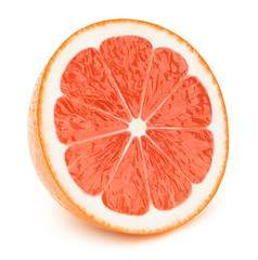 Perfectly retouched sliced half of grapefruit isolated on the white background with clipping path. One of the best isolated grapefruits halves slices that you have seen.