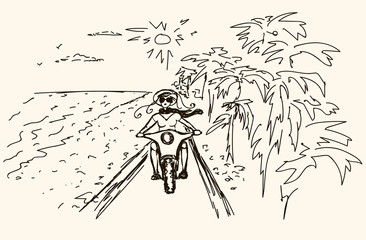 Fototapeta na wymiar Woman biker over sunset, female riding motorcycle, vector for t-shirt, print, card