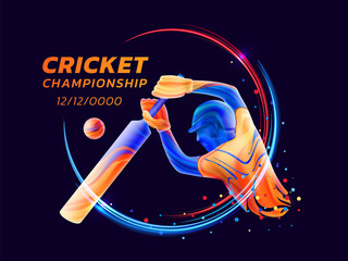 Vector abstract illustration of batsman playing cricket from colored liquid splashes and brush strokes with neon lines and colored dots. Championship and competition sports. 3d player silhouette.